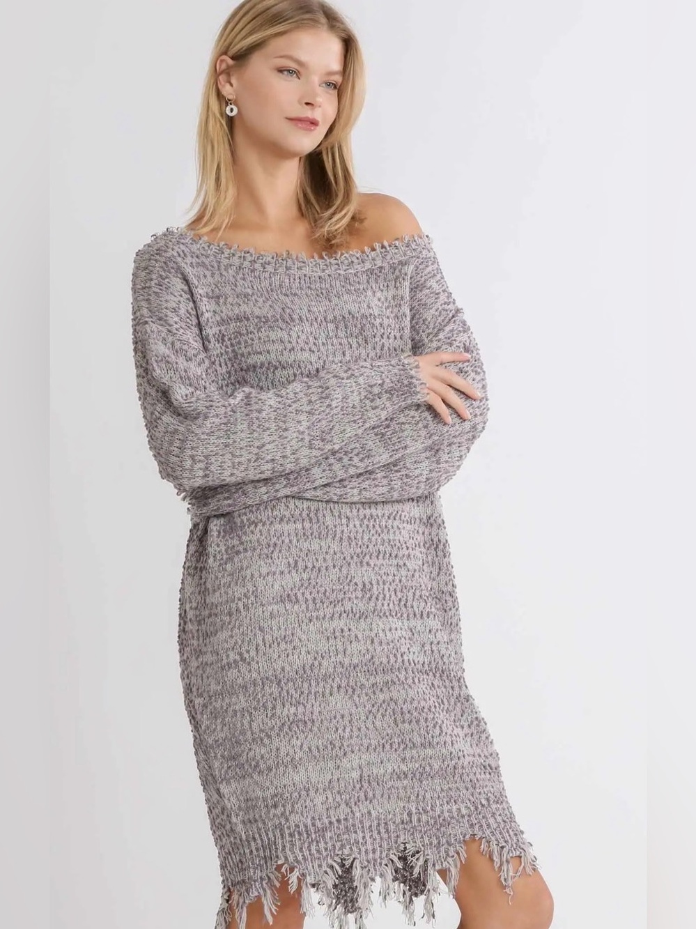NEW! UMGEE Distressed Boat Neck Long Sleeve Knit Sweater Dress
